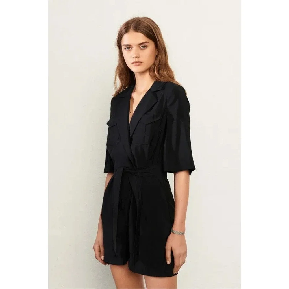 Ba&sh Calia Black Mini Romper Short Sleeve Belted Wrap Front Size S